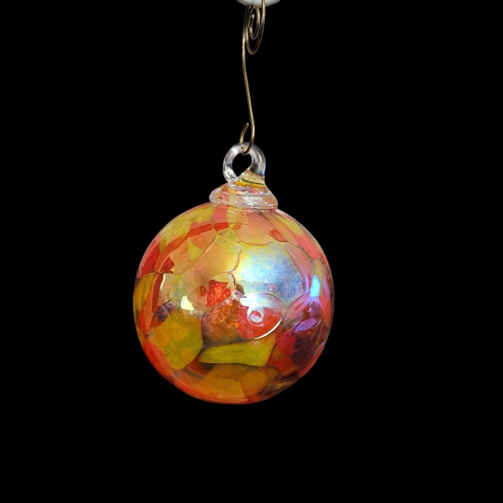 Hand Blown Art Glass Christmas Ornament Iridescent Orange Yellow Swirl